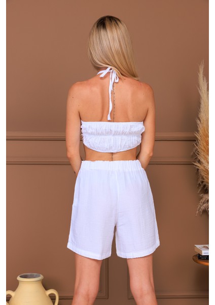%100 Pamuk Müslin Kumaş Bağlamalı Crop & Şort Takım fırsatları