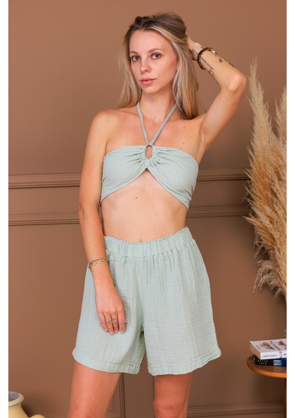 %100 Pamuk Müslin Kumaş Bağlamalı Crop & Şort Takım