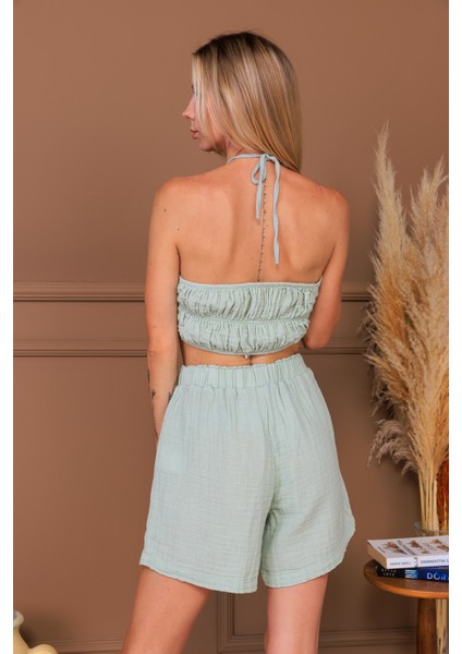 %100 Pamuk Müslin Kumaş Bağlamalı Crop & Şort Takım modelleri