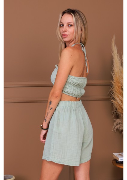 %100 Pamuk Müslin Kumaş Bağlamalı Crop & Şort Takım fırsatları