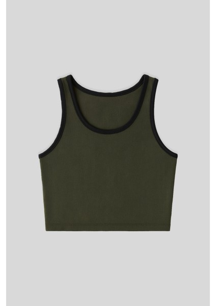 Haki Basic Sıfır Kol Dar Kalıp U Yaka Kadın Crop Top Atlet - 97162