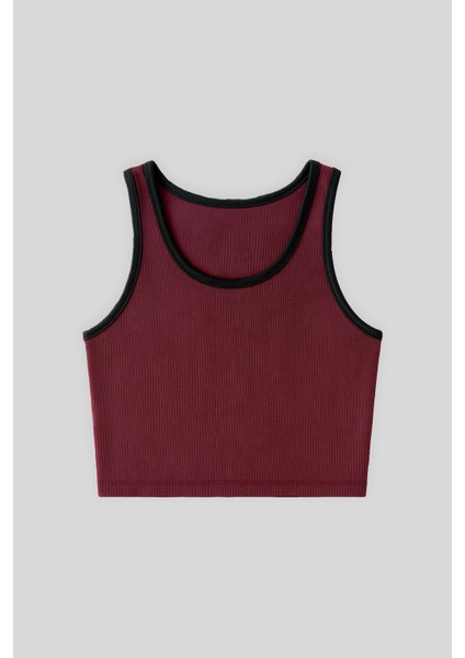 Bordo Basic Sıfır Kol Dar Kalıp U Yaka Kadın Crop Top Atlet - 97162