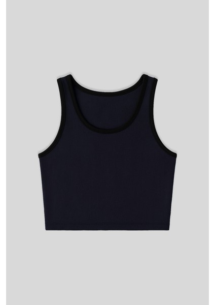 Lacivert Basic Sıfır Kol Dar Kalıp U Yaka Kadın Crop Top Atlet - 97162