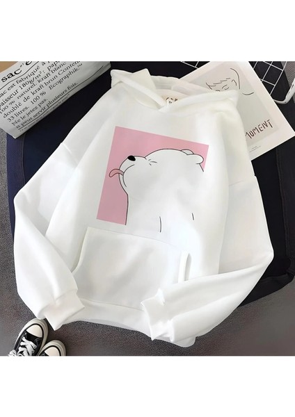 Kadın Beyaz Kapüşonlu Baskılı Kanguru Cepli Rahat Kesim Oversize Sweatshirt Beyaz Sweat