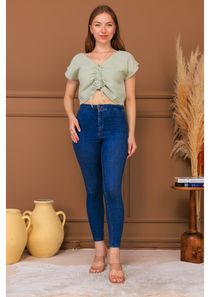 %100 Pamuk Müslin Bağcıklı Crop Bluz