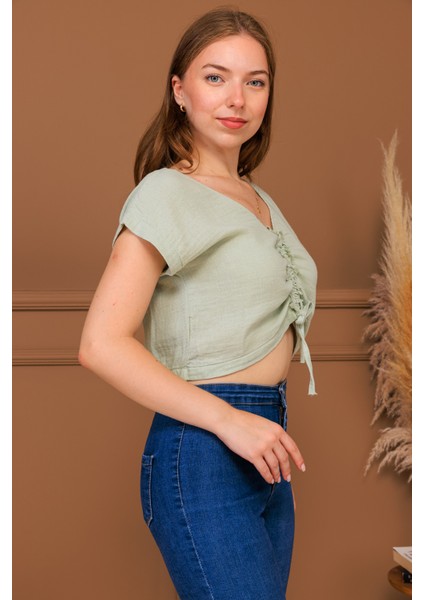 %100 Pamuk Müslin Bağcıklı Crop Bluz fiyatları
