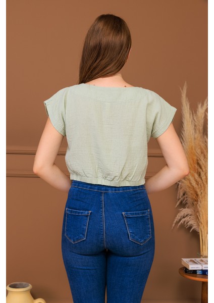 %100 Pamuk Müslin Bağcıklı Crop Bluz modelleri