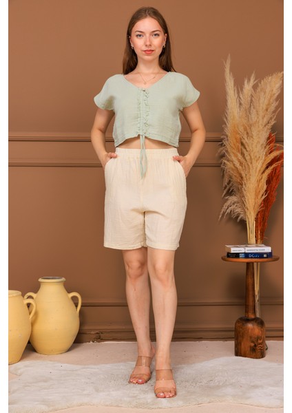 %100 Pamuk Müslin Bağcıklı Crop Bluz indirimleri