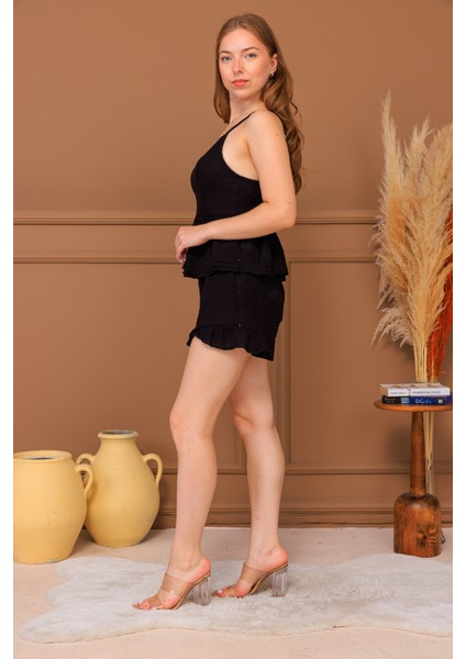 %100 Pamuk Müslin Askılı Büstiyer Şort Takım