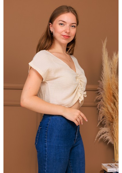 %100 Pamuk Müslin Bağcıklı Crop Bluz modelleri
