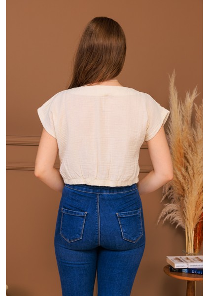 %100 Pamuk Müslin Bağcıklı Crop Bluz fırsatları