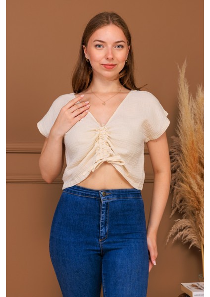 %100 Pamuk Müslin Bağcıklı Crop Bluz