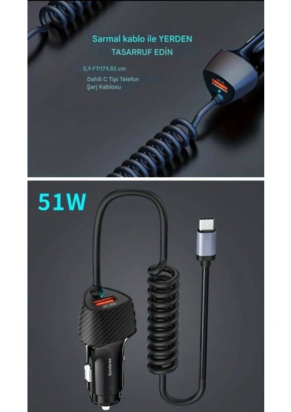 51W Karbon Fiber Yaylı Şarj Kablolu 2 Girişli Type-C ve Usb Hızlı Ce Lisanslı Sertifkalı Orjinal Sağlam Araç Şarjı