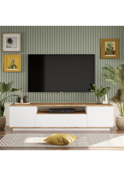 Delphin 180 cm Raflı Kapaklı Tv Ünitesi DLP7-AW Çam-Beyaz