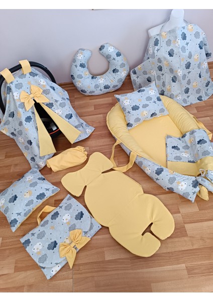 Düz Sarı Mavi Bulutlu Oval Yataklı 10 Parça Babynest Seti