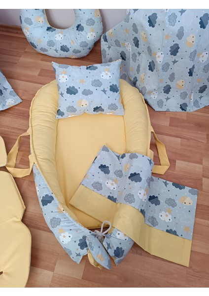 Düz Sarı Mavi Bulutlu Oval Yataklı 10 Parça Babynest Seti modelleri