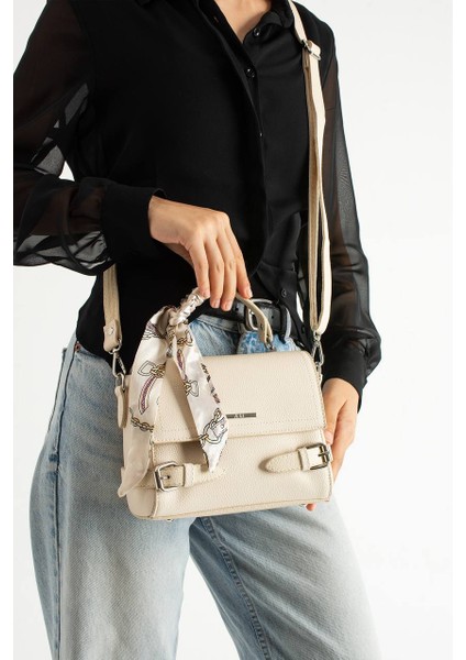 krem çanta,toka Detaylı,üç Bölmeli,geniş krem Bayan El ve Çapraz Çantası