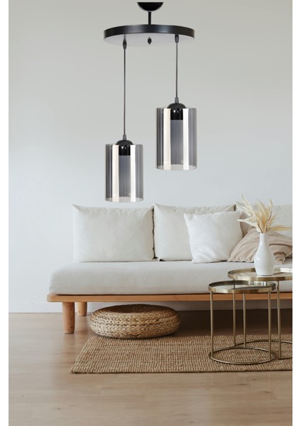 Sarmal 2’li Modern Sarkıt – Siyah, Füme Camlı, Salon & Mutfak İçin Şık Tasarım | E27 Duy