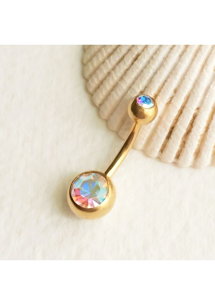 F136 Titanyum Hologram Taşlı Göbek Piercing - Gold Renk