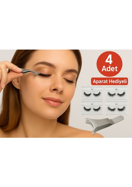 4 Adet Manyetik Takma Kirpik Seti 3D Doğal Yoğun Hacim – Uygulama Aparatı Hediyeli, Kolay Takılan ve Yeniden Kullanılabilir