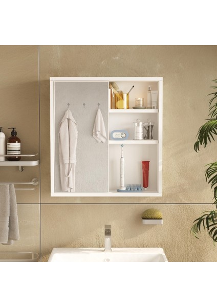 Dunes Aynalı Lavabo Üstü Banyo Dolabı Raflı Kapaklı 60CM Beyaz Ds1-W