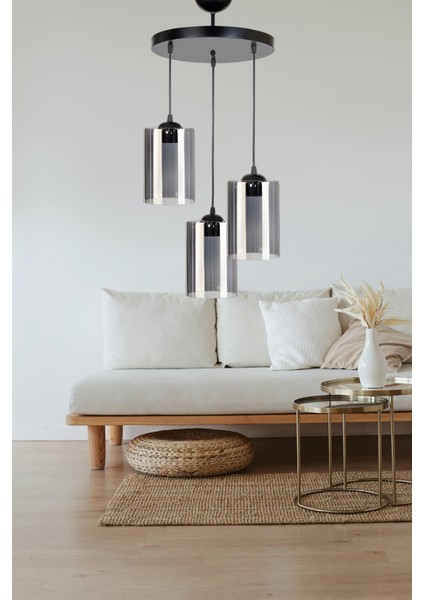 Sarmal 3’lü Modern Sarkıt – Siyah, Füme Camlı, Salon & Mutfak İçin Şık Tasarım | E27 Duy