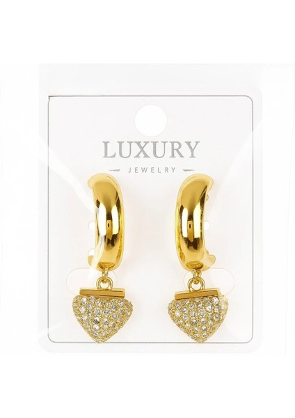 Taş Süslemeli Kalp Temalı Sallantılı Halka Çelik Küpe