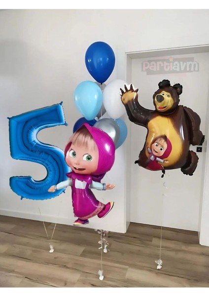5 Yaş Maşa ve Koca Ayı Mavi Rakam Balon Seti Maşa ve Koca Ayı Temalı Doğum Günü Balon Seti