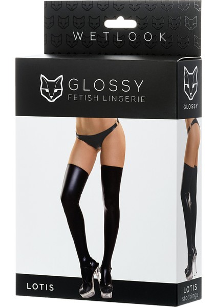 Glossy Lotis Deri Jartiyer Çorabı, Wetlook , Siyah, L fırsatları