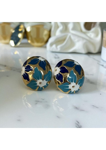 Mavi Çiçek Desenli Küpe