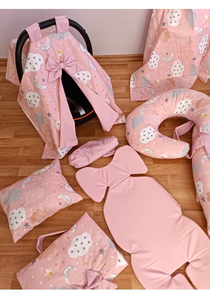 Pembe Bulutlu Düz Pudra Oval Yataklı 10 Parça Babynest Seti fırsatları