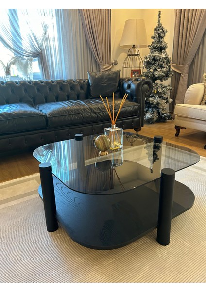 Rudder Modern Orta Sehpa Bohem Temperli Camlı Metal Ayaklı 80 x 80 Tabla 36 cm Yükseklik Demonte