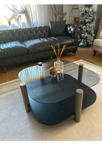 Rudder Modern Orta Sehpa Bohem Temperli Camlı Metal Ayaklı 80 x 80 Tabla 36 cm Yükseklik Demonte