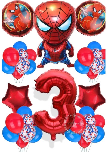 3 Yaş Örümcek Adam Kırmızı Rakamlı Full Balon Seti Örümcek Adam Temalı Doğum Günü Balon Seti