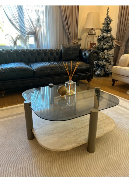 Rudder Modern Orta Sehpa Bohem Temperli Camlı Metal Ayaklı 80 x 80 Tabla 36 cm Yükseklik Demonte