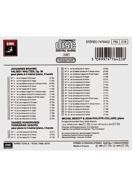 Dikkat CD Brahms - Michel Béroff, Jean-Philippe Collard – Danses Hongroises / Valses fiyatları