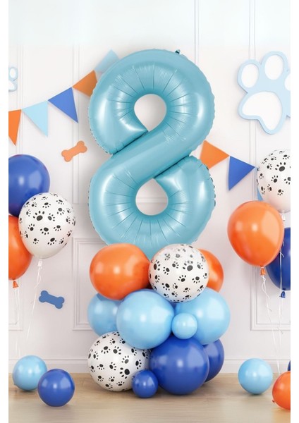 8 Yaş Mavi Rakam Doğum Günü Balon Seti Kahraman Köpekler ve Pati Desenli ve Balonlarla Parti Dekoru