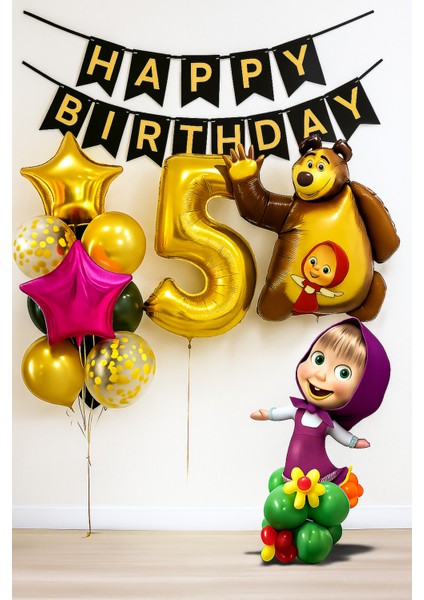 5 Yaş Maşa ve Koca Ayı Altın Rakam Balonlu Doğum Günü Balon Seti Happy Birthday Banner