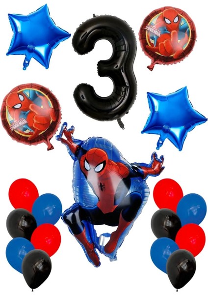 3 Yaş Örümcek Adam Folyo Balon Set Siyah Rakam Balon Spider-Man Balon