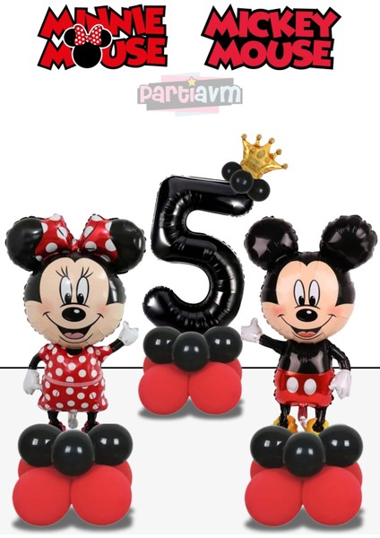 5 Yaş Mickey Fare Minnie Fare Balon Kırmızı Siyah Rakam Balonlu Balon Sütunu Kız Erkek Miki Mini