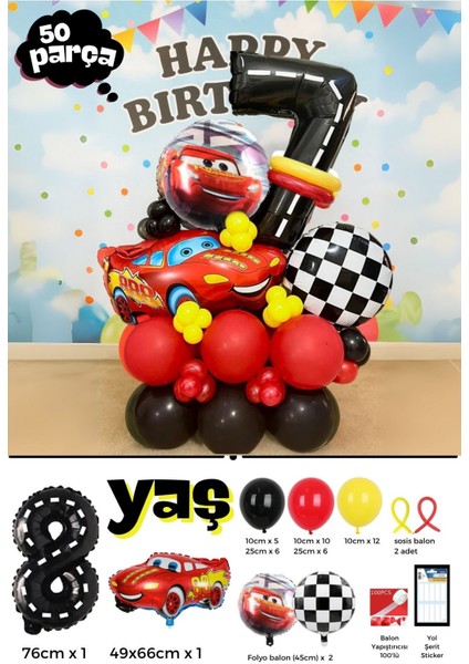 Arabalar / Cars / Şimşek Mcqueen 8 Yaş Yaş Doğum Günü Siyah Rakam Balonlu Konsept Balon Seti