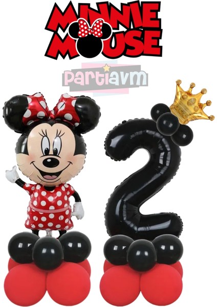2 Yaş Minnie Mouse Balon Seti Siyah Rakam Balonlu Balon Sütunu Mini Fare Parti Teması Kolay Kurulum.