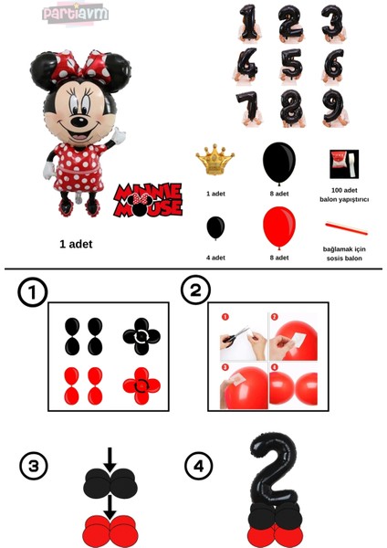 2 Yaş Minnie Mouse Balon Seti Siyah Rakam Balonlu Balon Sütunu Mini Fare Parti Teması Kolay Kurulum. modelleri