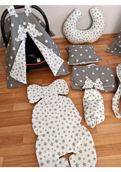 Gri Beyaz Yıldız Oval Yataklı 10 Parça Babynest Seti
