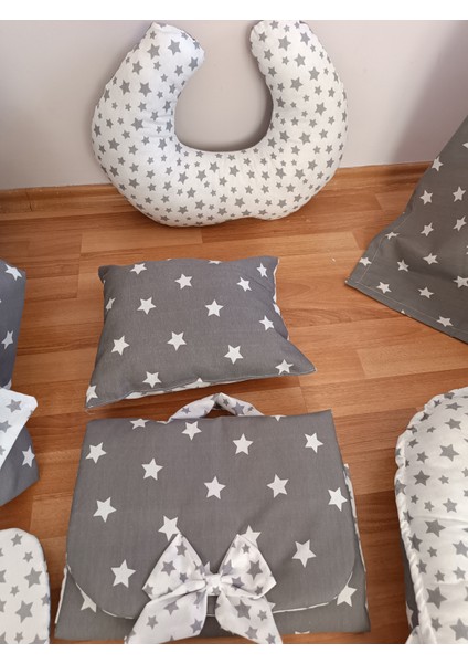 Gri Beyaz Yıldız Oval Yataklı 10 Parça Babynest Seti fiyatları