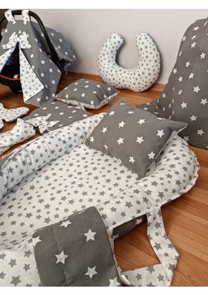 Gri Beyaz Yıldız Oval Yataklı 10 Parça Babynest Seti modelleri