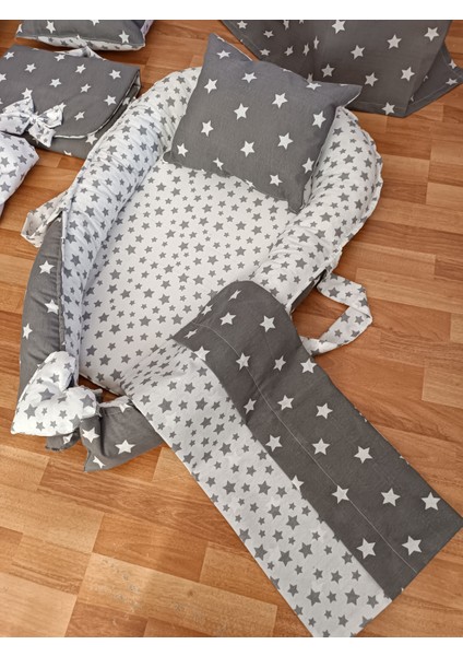 Gri Beyaz Yıldız Oval Yataklı 10 Parça Babynest Seti indirimleri