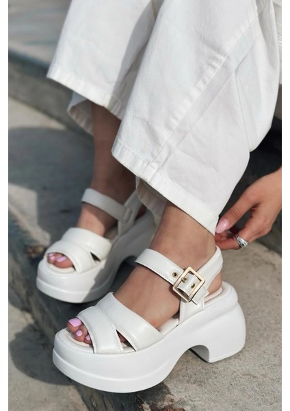 Lifon Mat Deri Kalın Taban Kadın Sandalet Beyaz