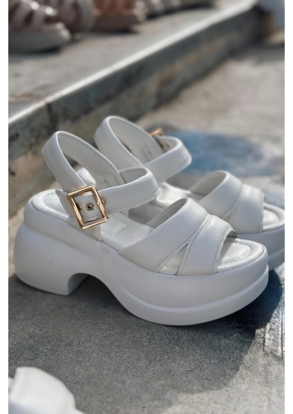 Lifon Mat Deri Kalın Taban Kadın Sandalet Beyaz modelleri