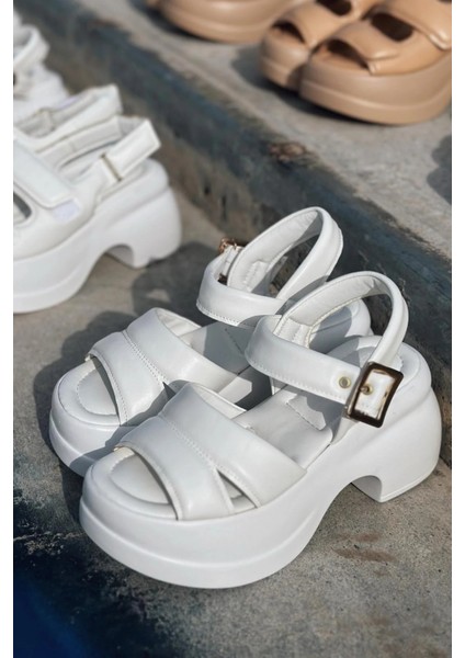 Lifon Mat Deri Kalın Taban Kadın Sandalet Beyaz fırsatları